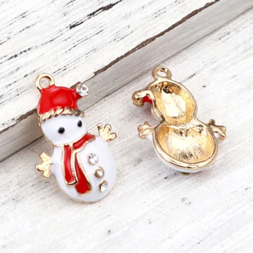 Pendants, Christmas Snowman, Single-Sided, White, Enameled, With Rhinestones, Light Gold, Alloy, 23mm