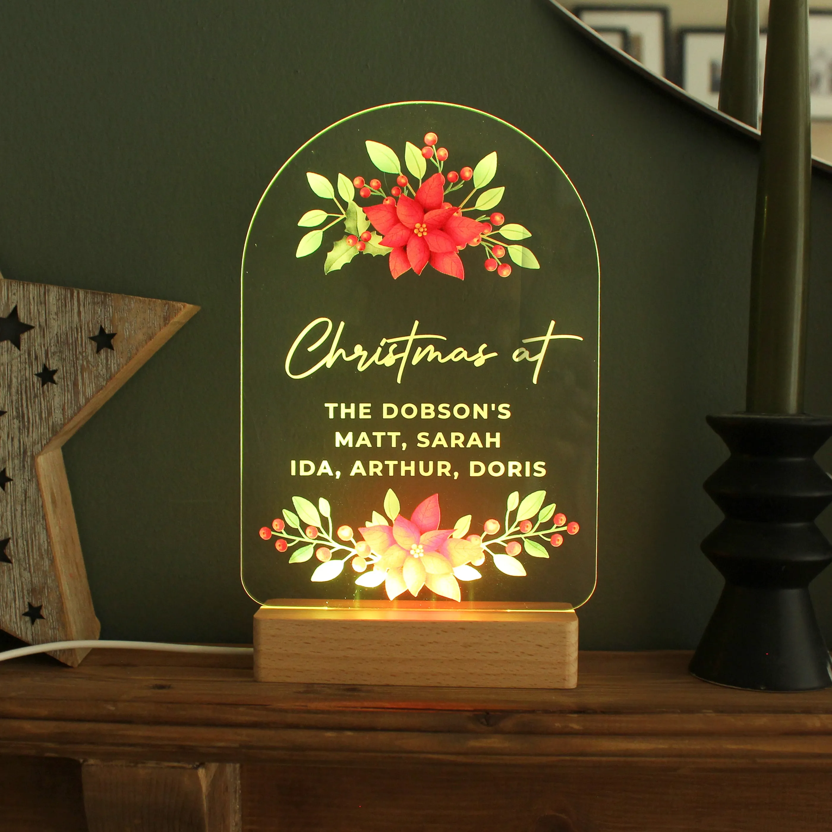 Personalised Christmas Poinsettia Wooden Based LED Light