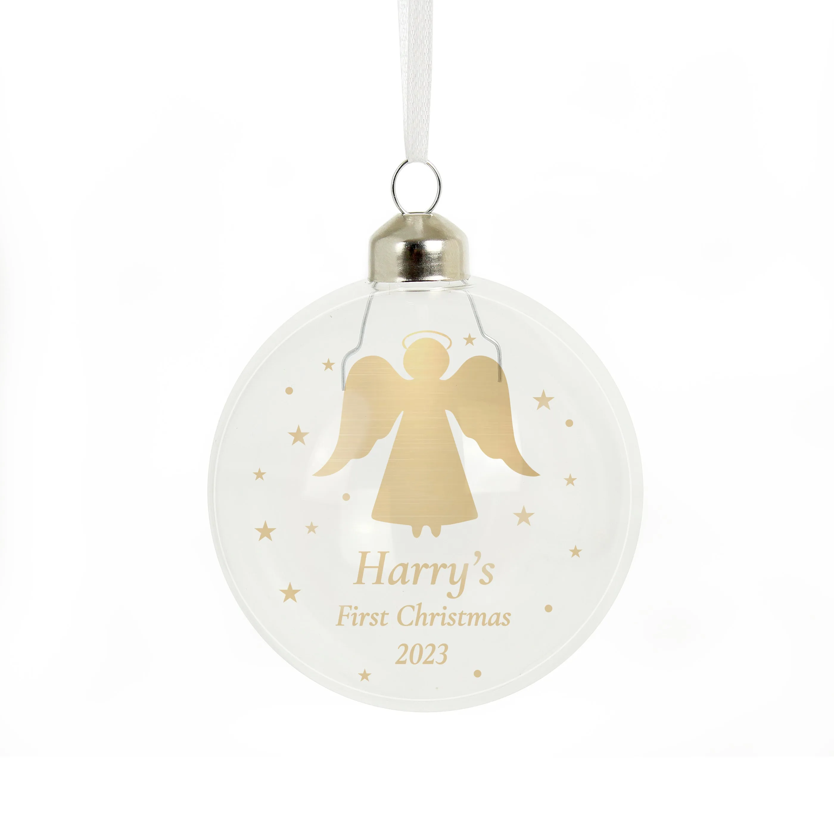 Personalised Name And Message Gold Angel Christmas Tree Glass Bauble