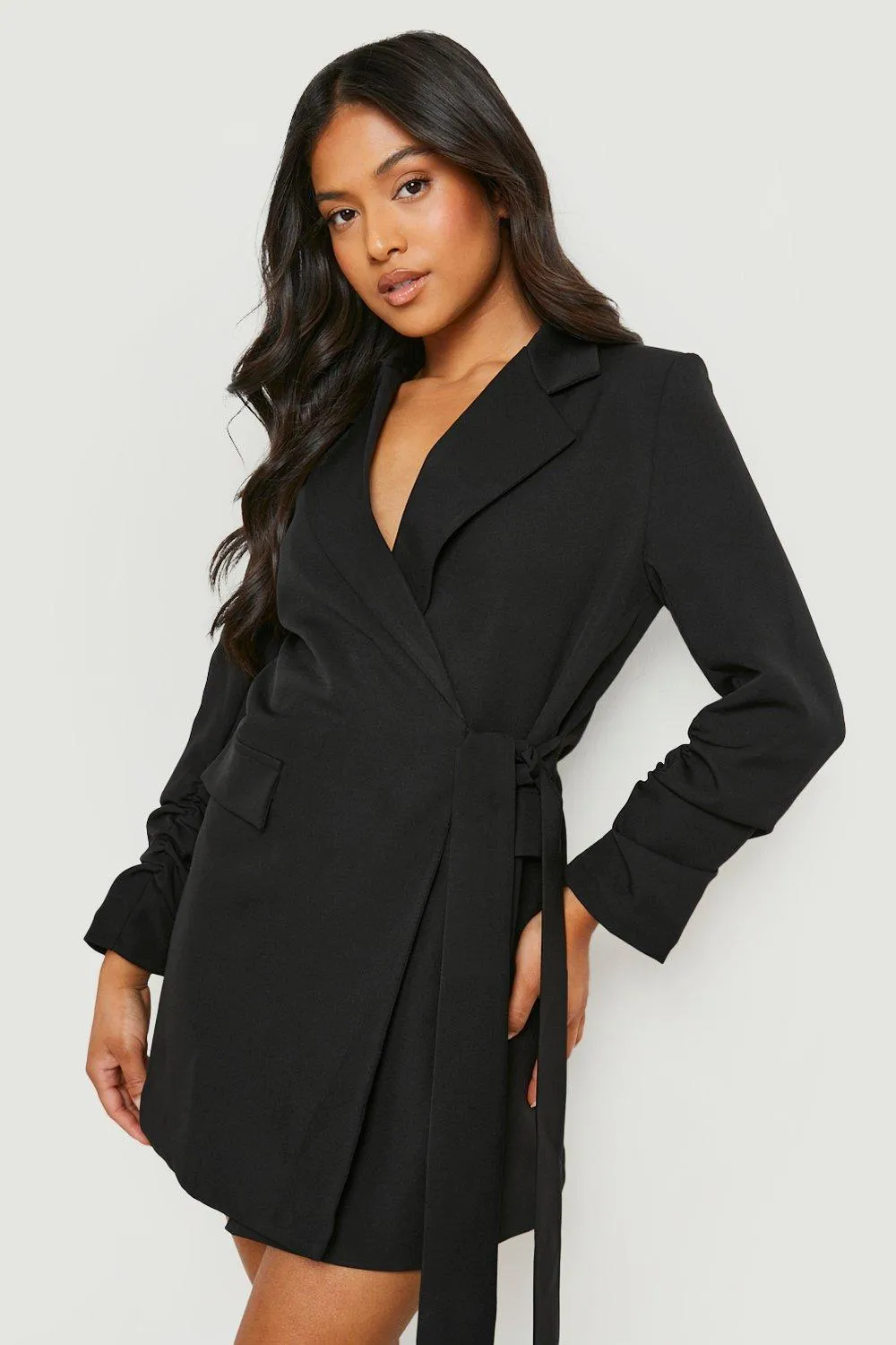 Petite Ruched Sleeve Wrap Blazer Dress