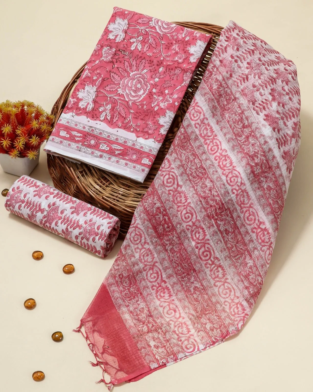 Pink Floral Jaal Hand Block Print Cotton Suit Set with Kota Doria Dupatta (3CKD42)