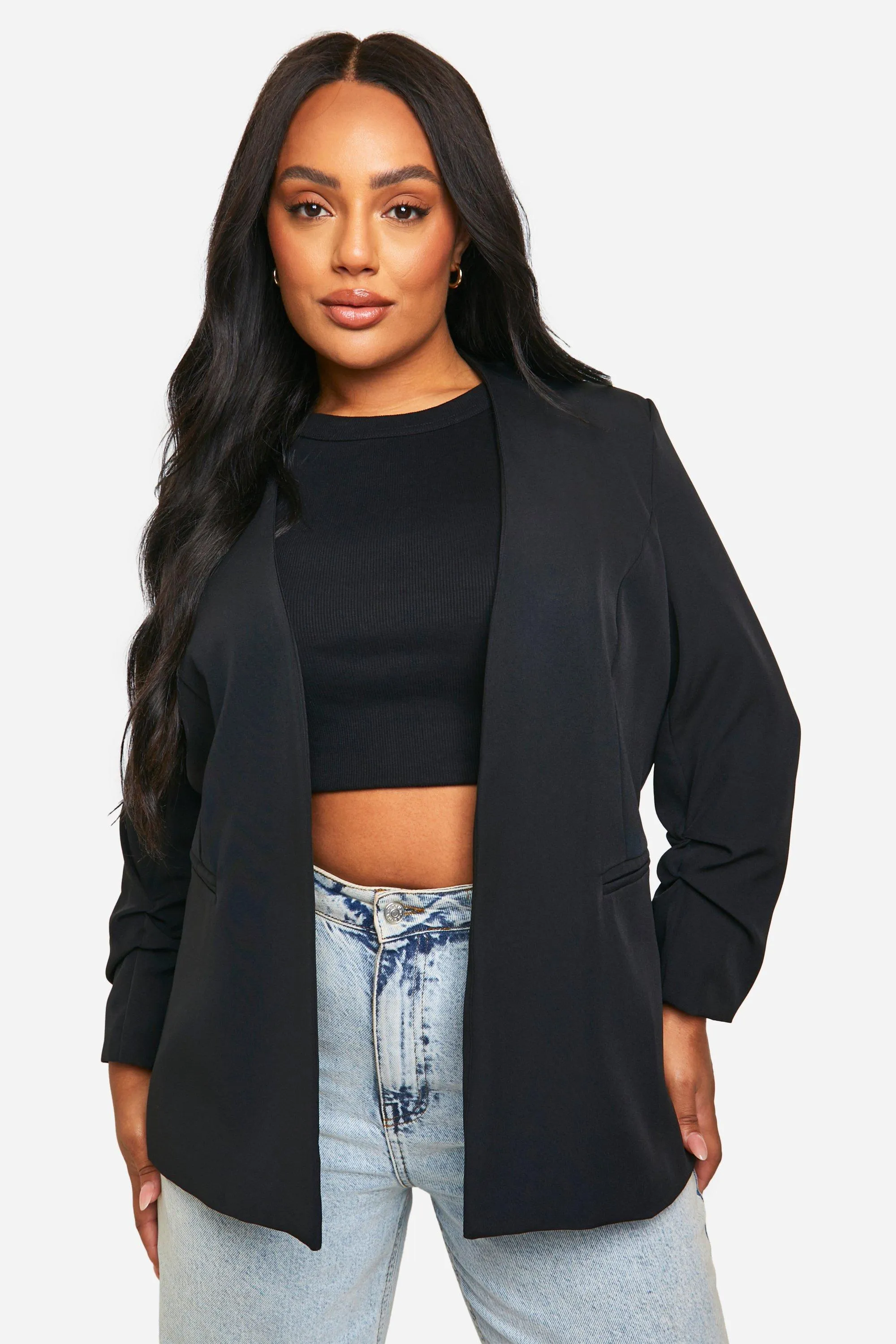 Plus Collarless Ruched Sleeve Blazer