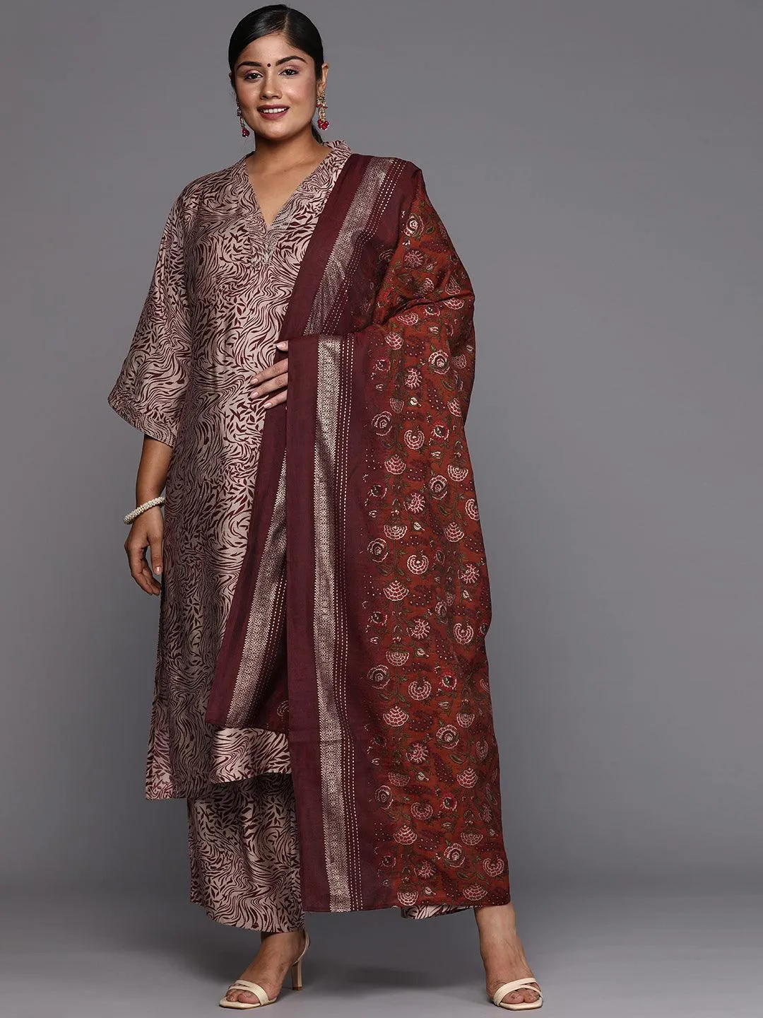 Plus Size Maroon Printed Silk Blend Straight Suit With Dupatta