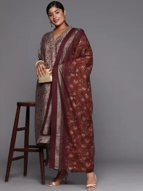 Plus Size Maroon Printed Silk Blend Straight Suit With Dupatta