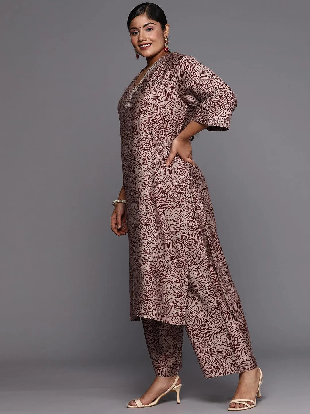 Plus Size Maroon Printed Silk Blend Straight Suit With Dupatta