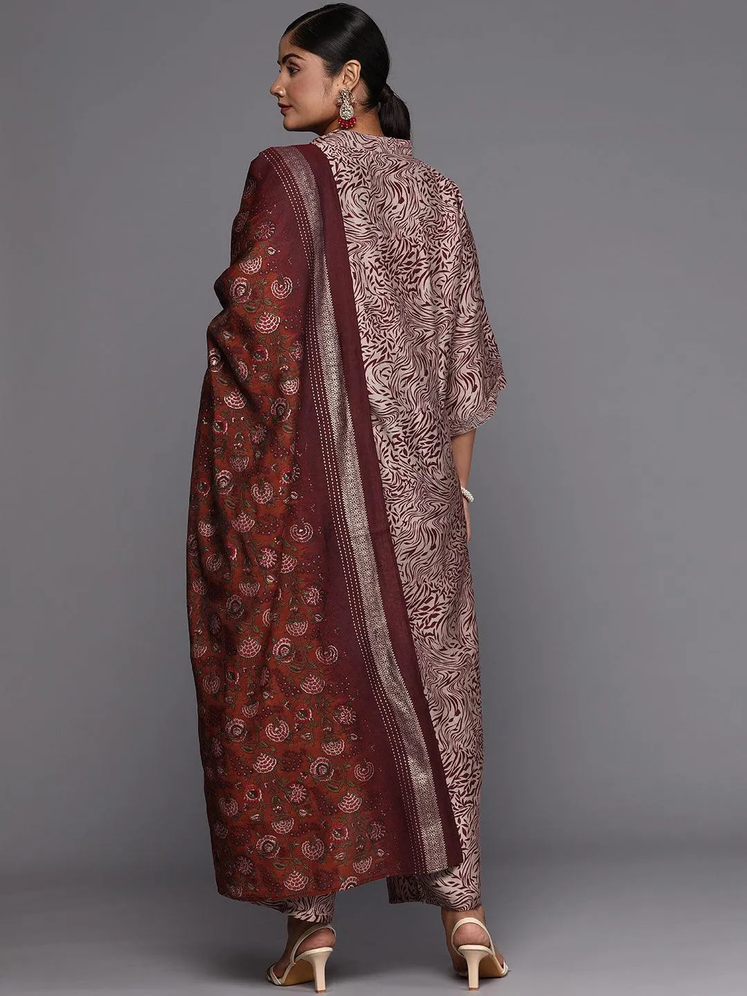 Plus Size Maroon Printed Silk Blend Straight Suit With Dupatta