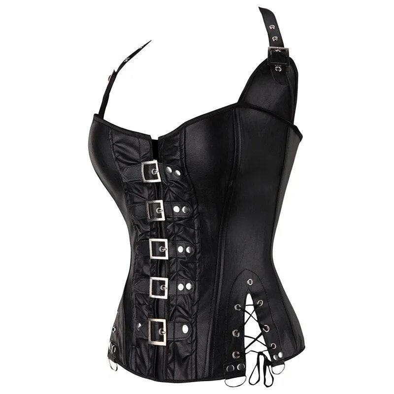 Plus Size Women's PU Leather Halter Overbust Corset Top Steampunk Corset Bustier Slimming Body Shapewear S-2XL