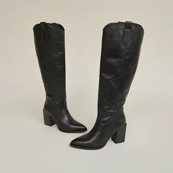 Pointed boots with heels in black leather