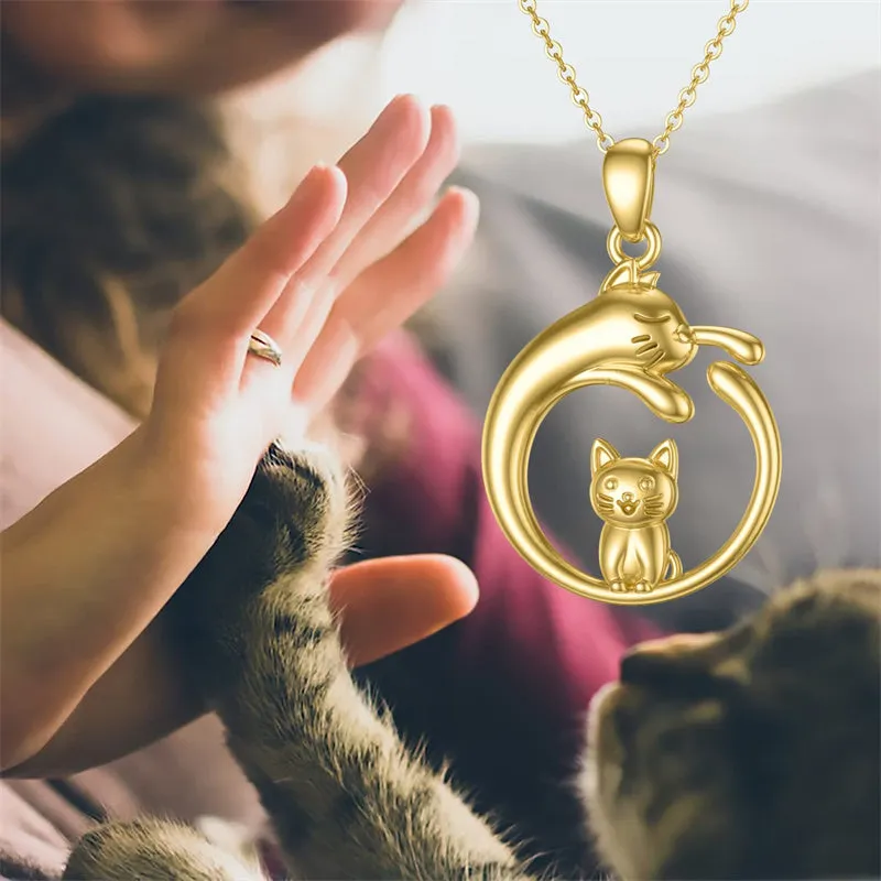 Real Gold Cat Necklace for Women Girls 14K Yellow Gold Cute Pet Pendant Necklace Animal Lover Jewelry Gifts for Birthday Christm