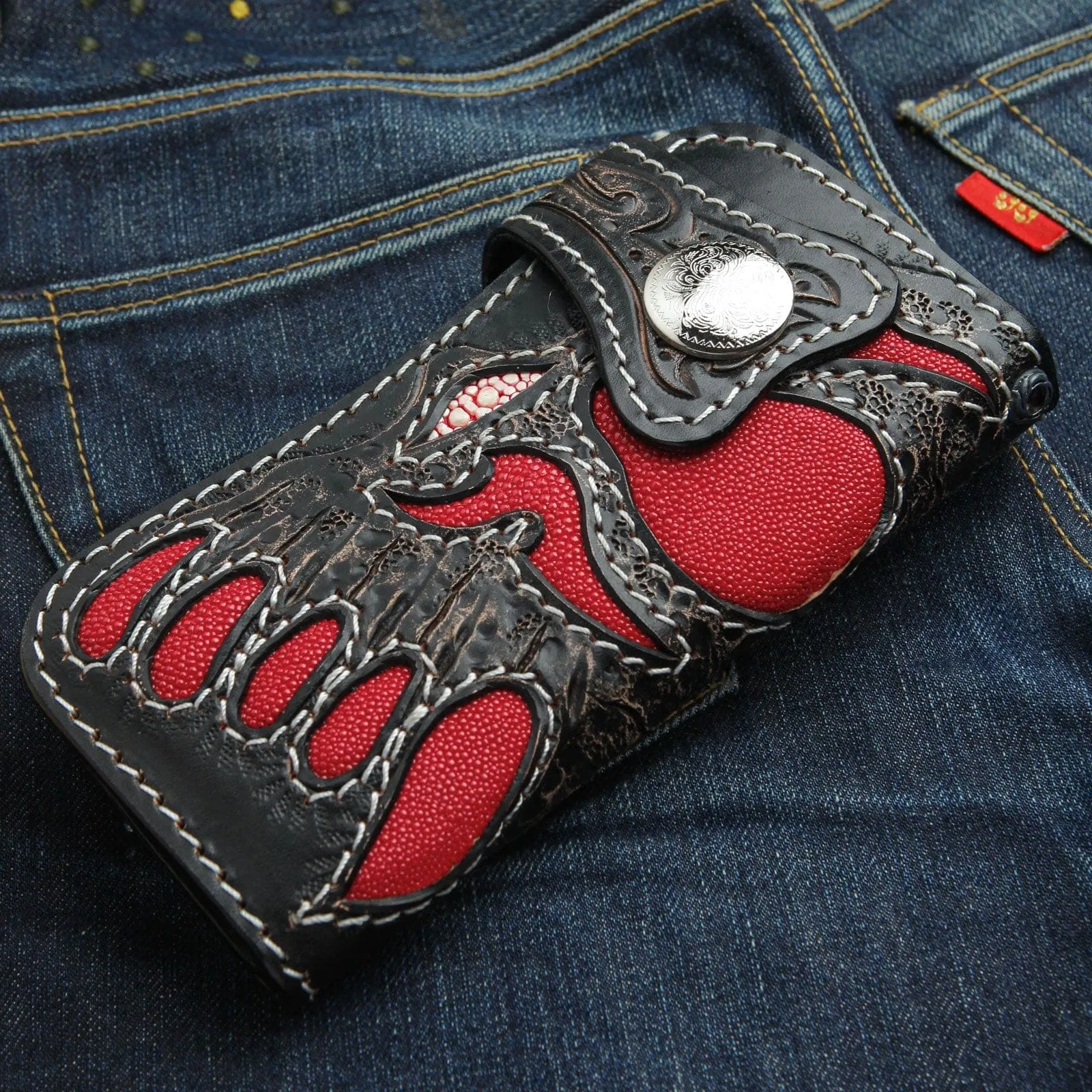 Red Demon Stingray Leather Carved Biker Wallet