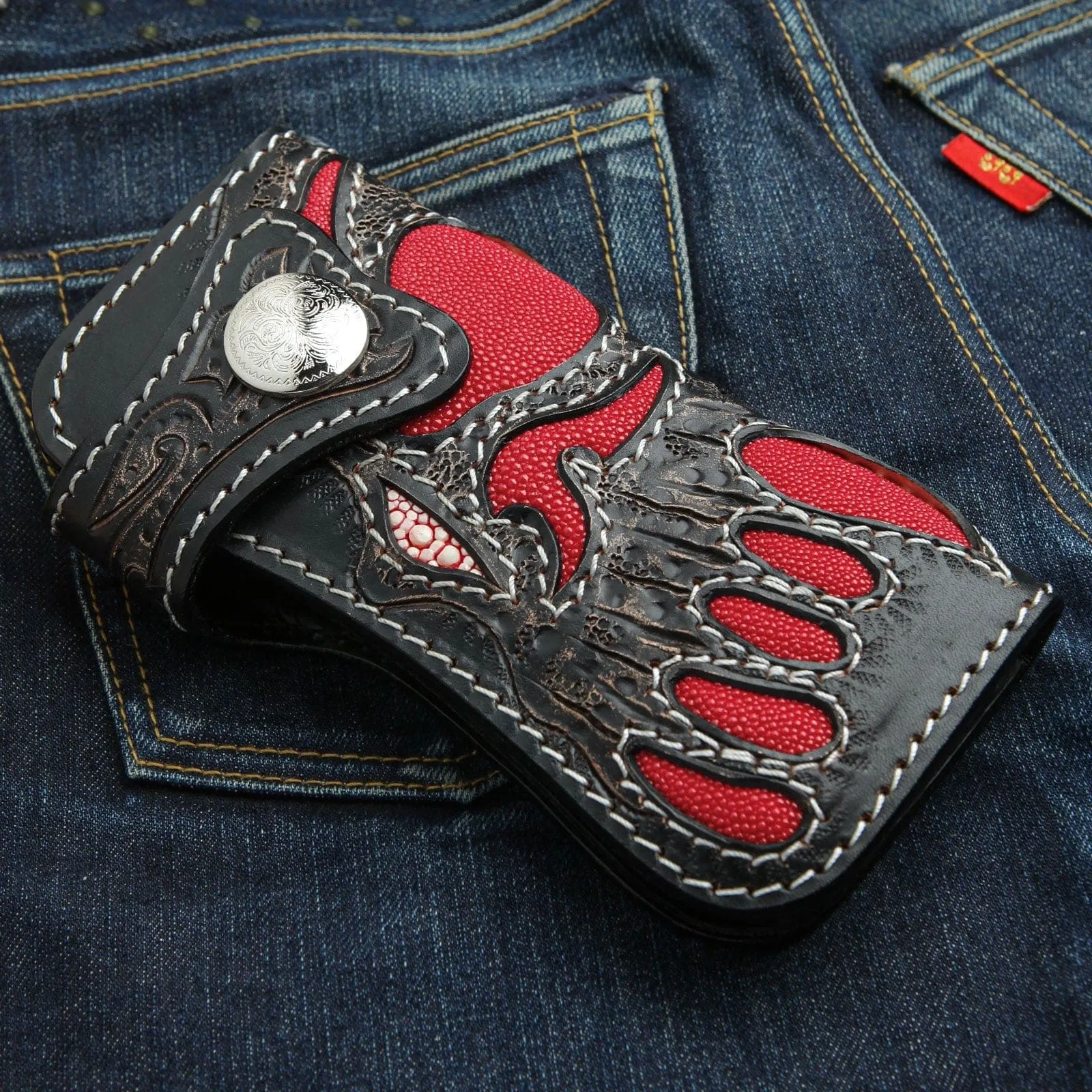 Red Demon Stingray Leather Carved Biker Wallet