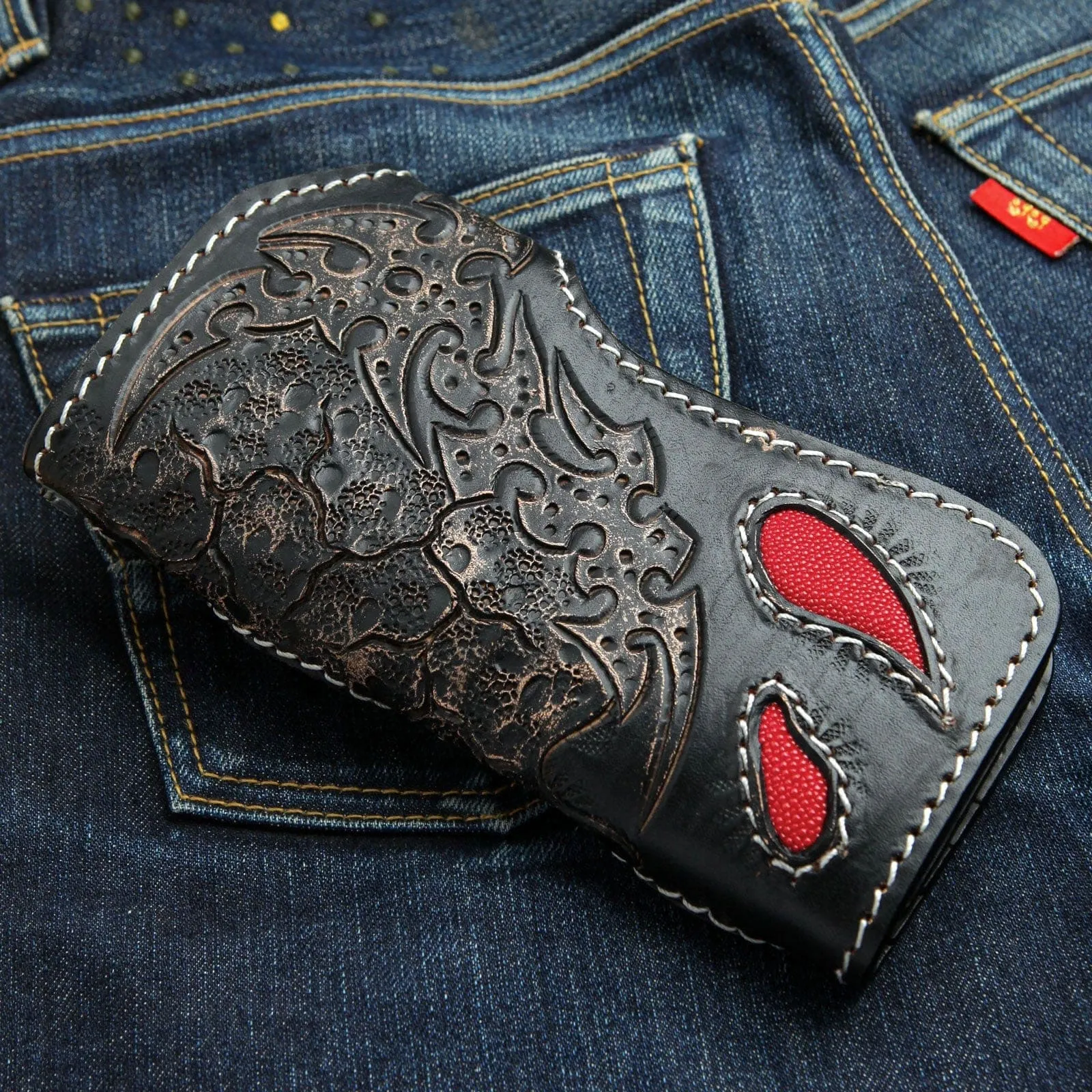 Red Demon Stingray Leather Carved Biker Wallet