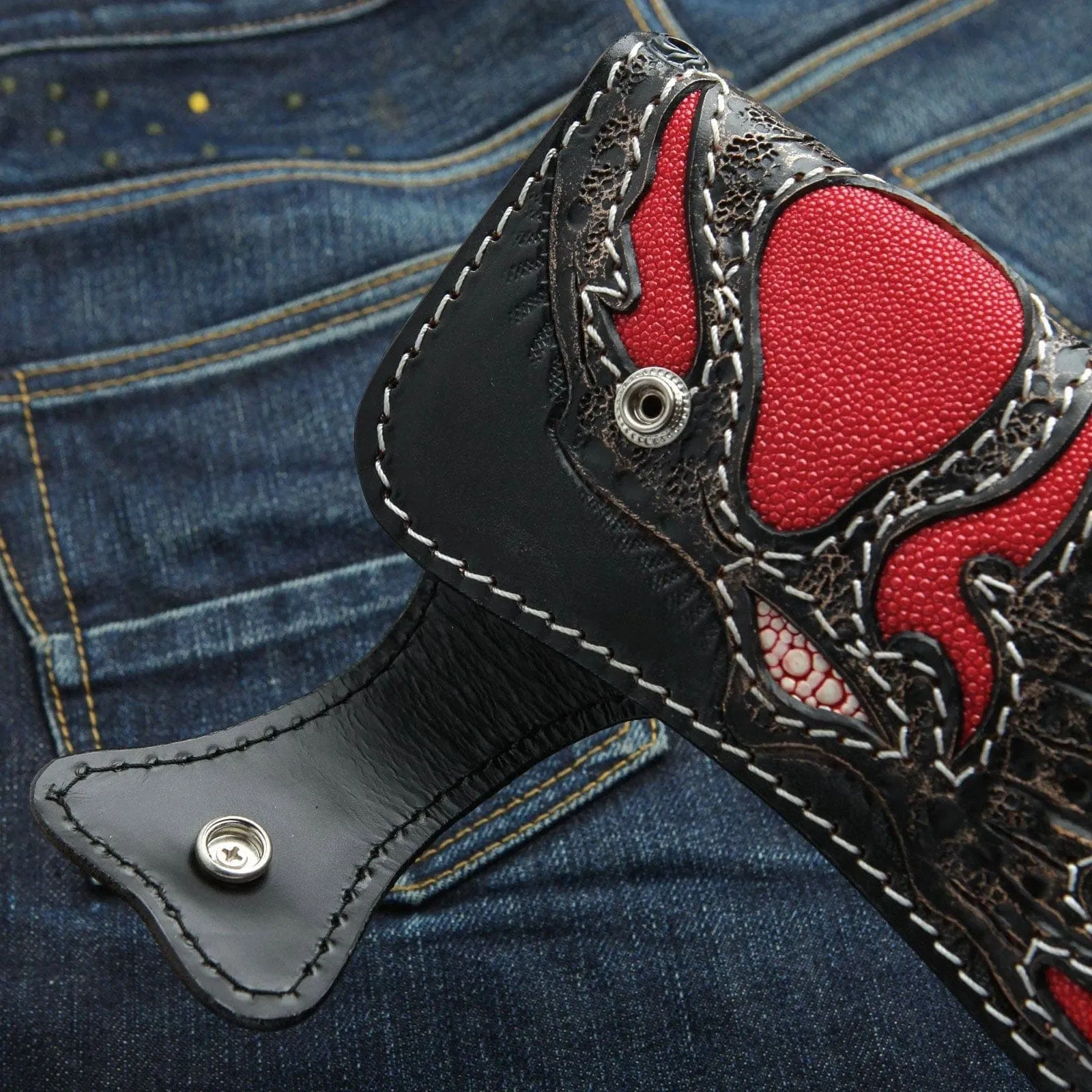 Red Demon Stingray Leather Carved Biker Wallet