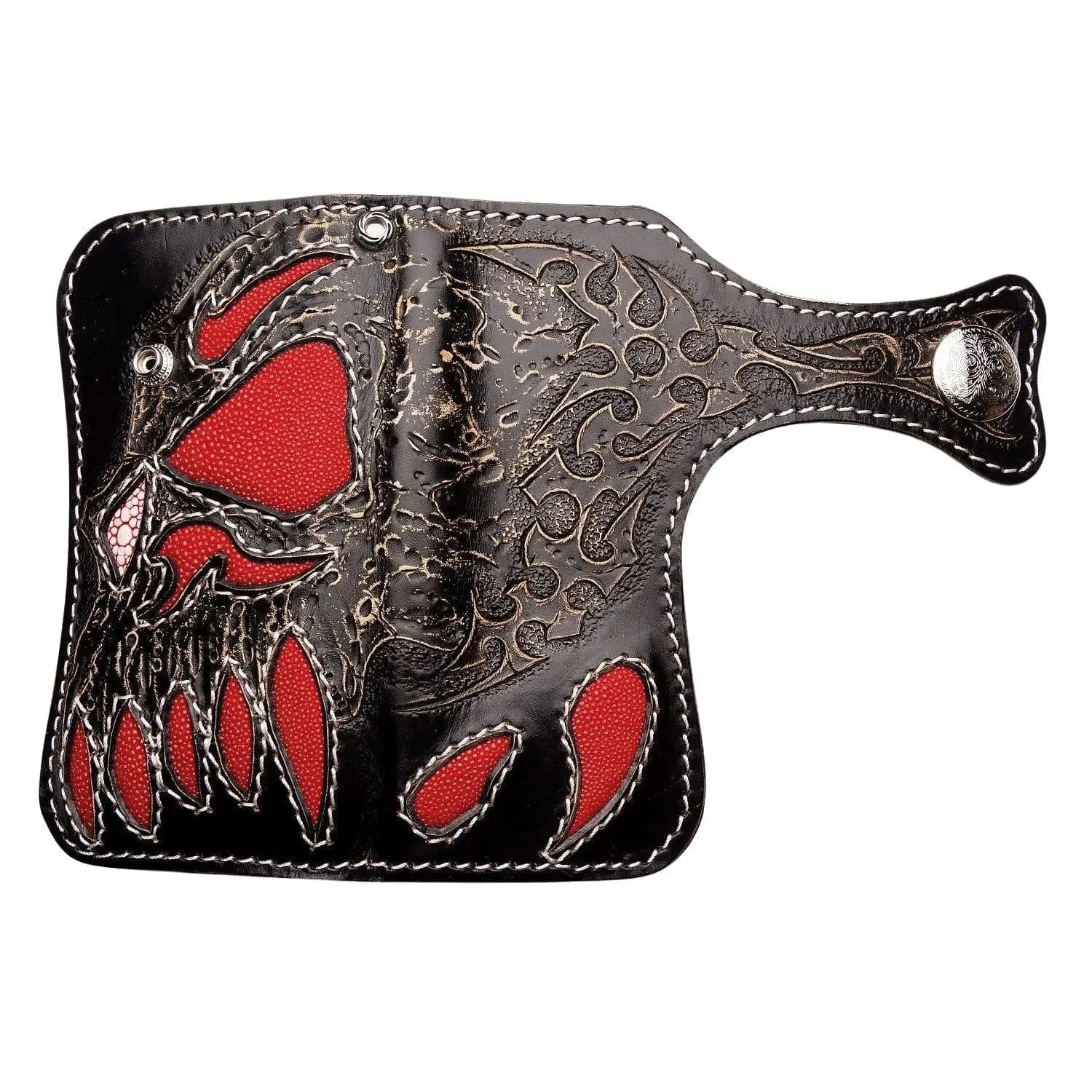 Red Demon Stingray Leather Carved Biker Wallet