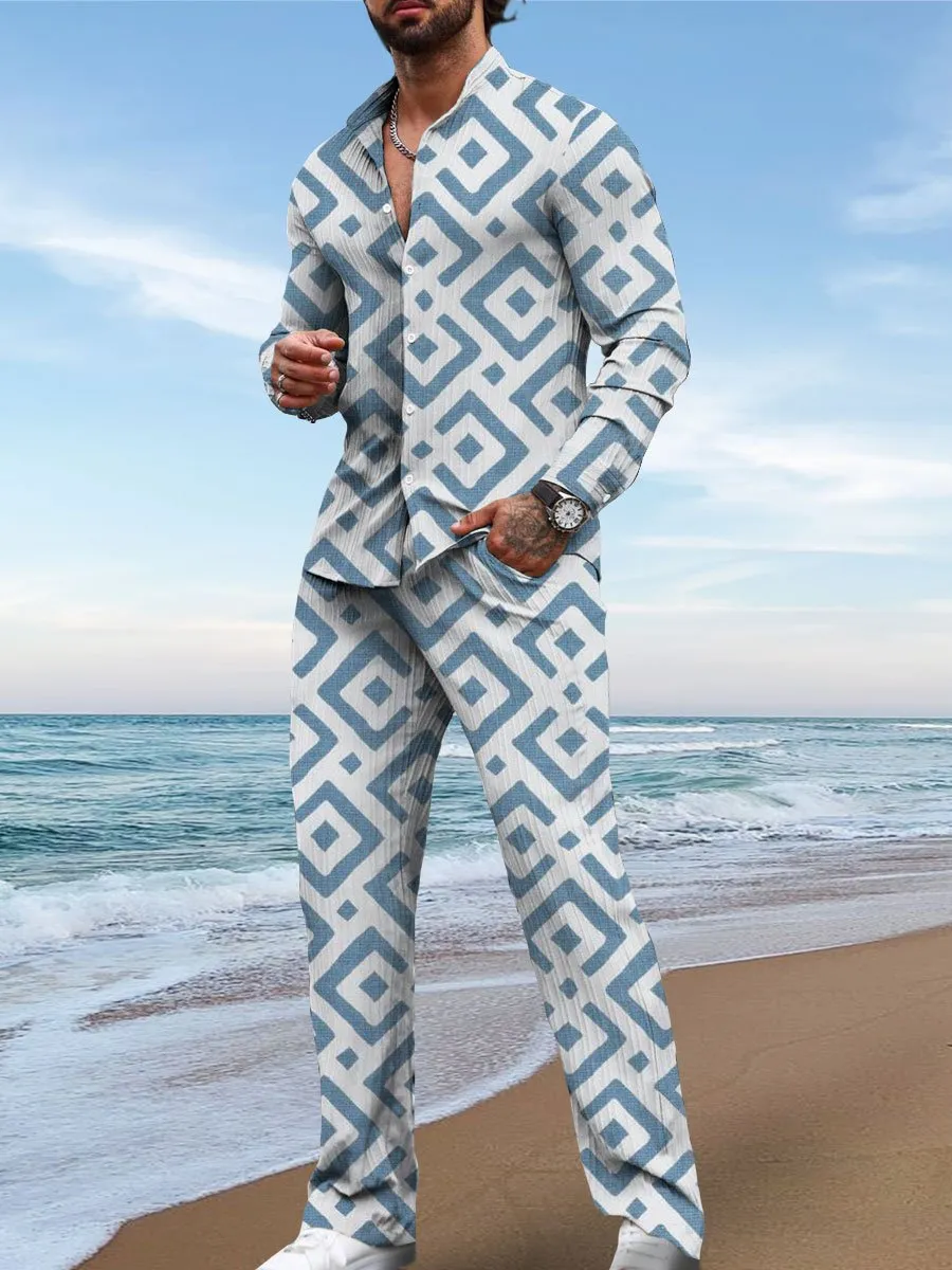 Retro Square Geometric Print Casual Long-Sleeved Two-Piece Suit