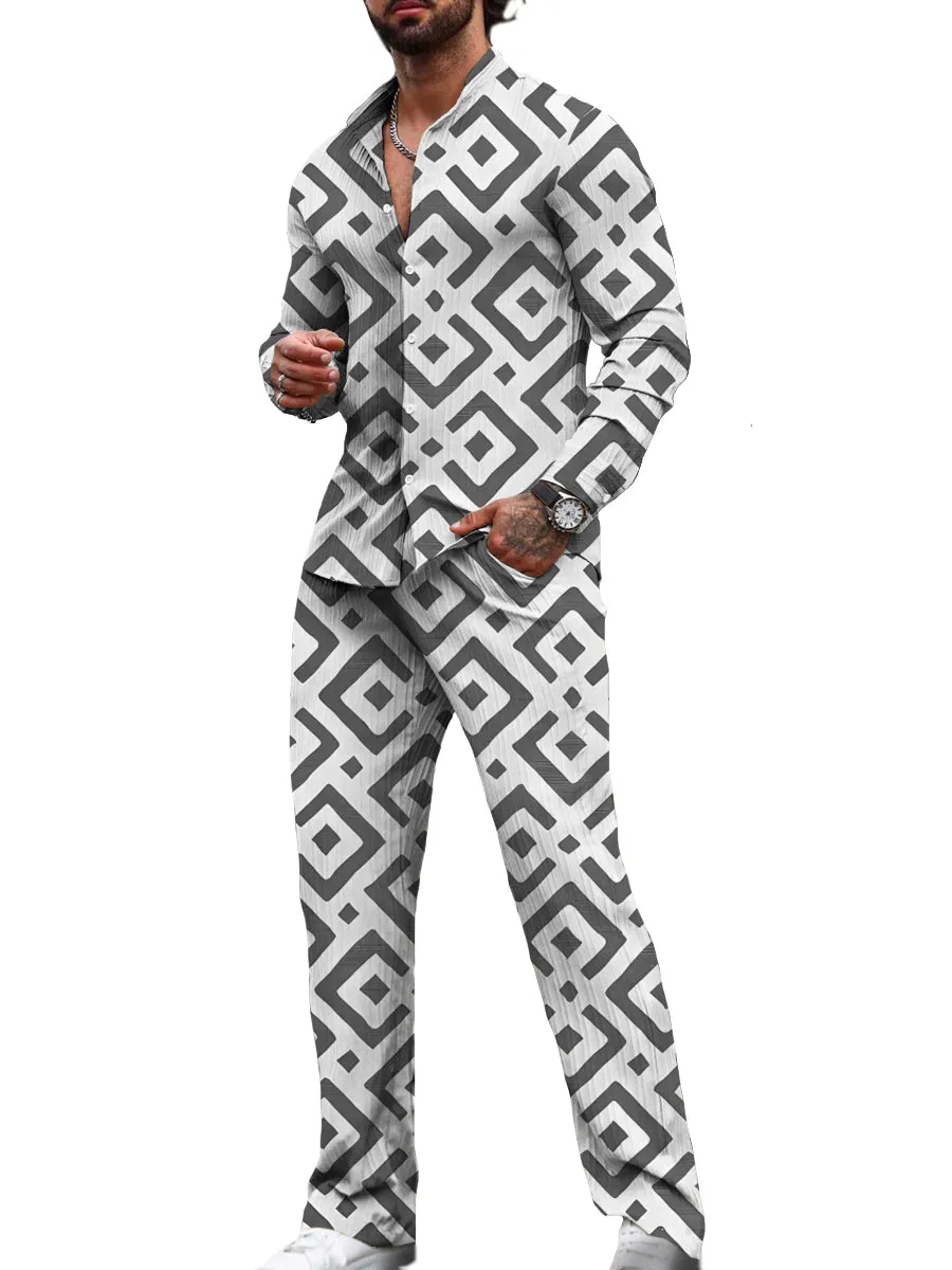 Retro Square Geometric Print Casual Long-Sleeved Two-Piece Suit