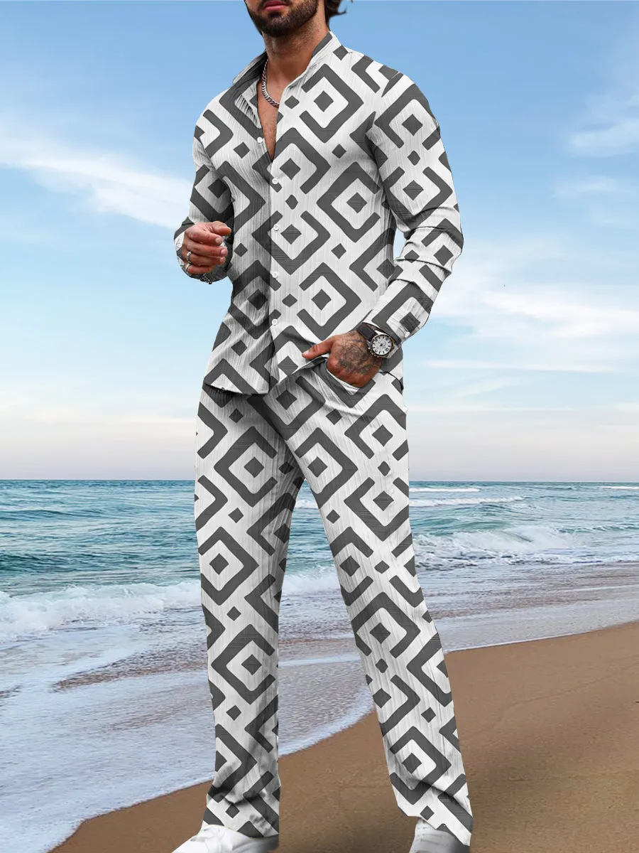 Retro Square Geometric Print Casual Long-Sleeved Two-Piece Suit