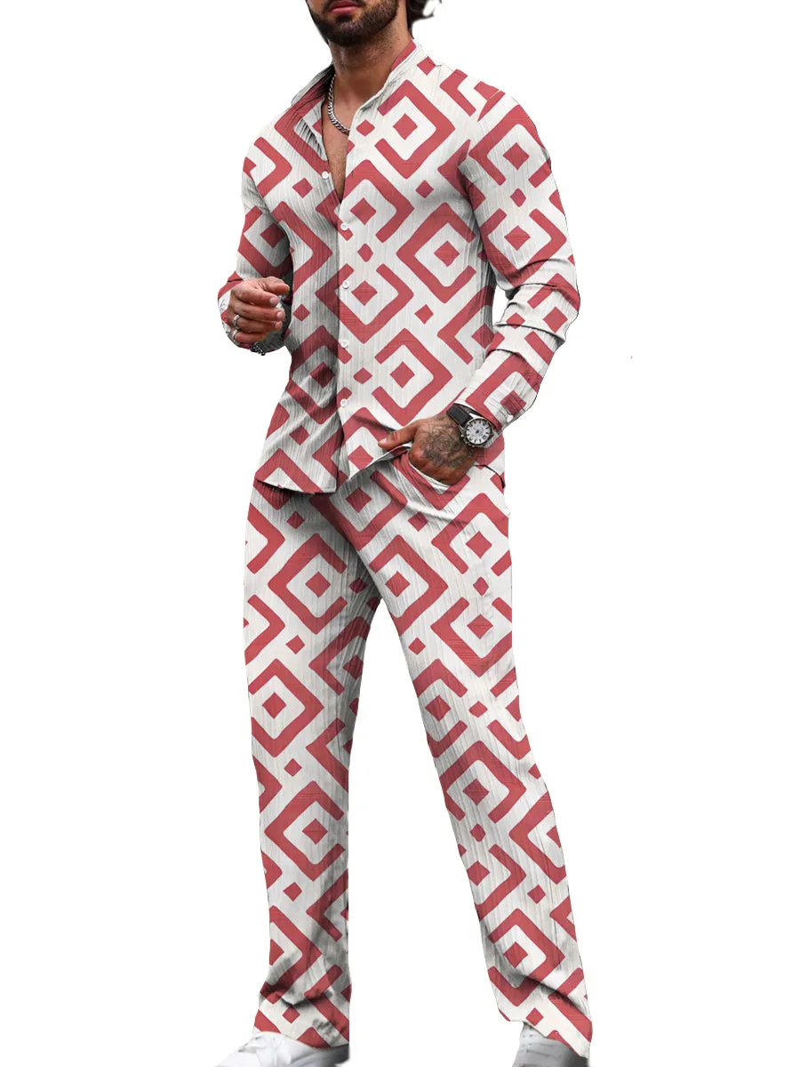 Retro Square Geometric Print Casual Long-Sleeved Two-Piece Suit