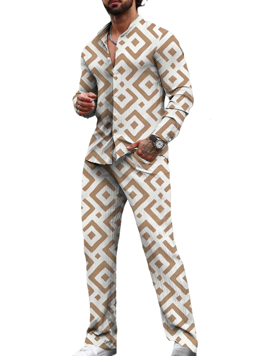 Retro Square Geometric Print Casual Long-Sleeved Two-Piece Suit