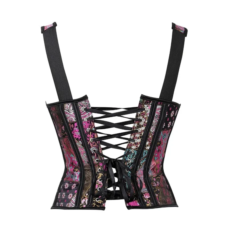 S-6XL Steampunk Sexy Jacquard Shoulder Straps Corset with Cup Lingerie Zipper Side Overbust Waist Trainer Bustier Top