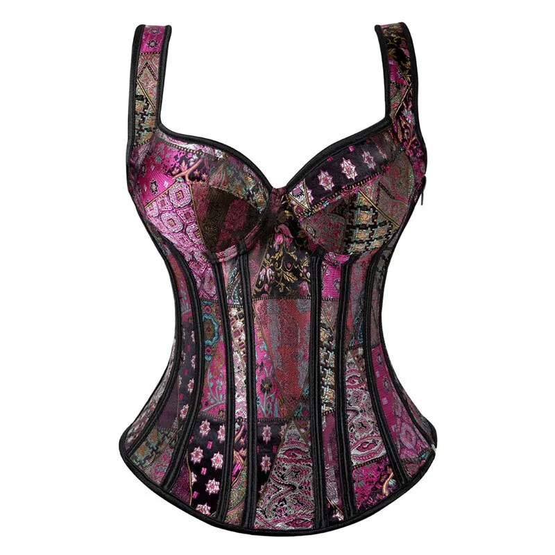 S-6XL Steampunk Sexy Jacquard Shoulder Straps Corset with Cup Lingerie Zipper Side Overbust Waist Trainer Bustier Top