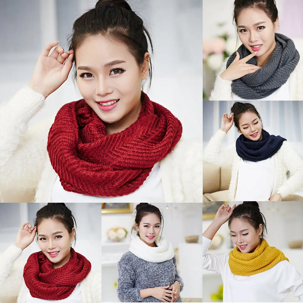 s Knitted Scarf Women echarpe Women Warm 2 Circle Knit Soft Cowl Neck Scarf Shawl &P2