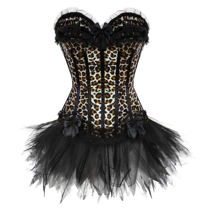 S-XXL Women Burlesque Overbust Corset Bustier Top With Mini TuTu Skirt Fancy Dresses Costume Sexy Leopard Corsets Dress