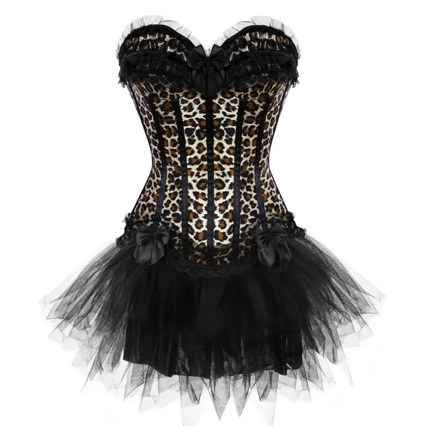 S-XXL Women Burlesque Overbust Corset Bustier Top With Mini TuTu Skirt Fancy Dresses Costume Sexy Leopard Corsets Dress