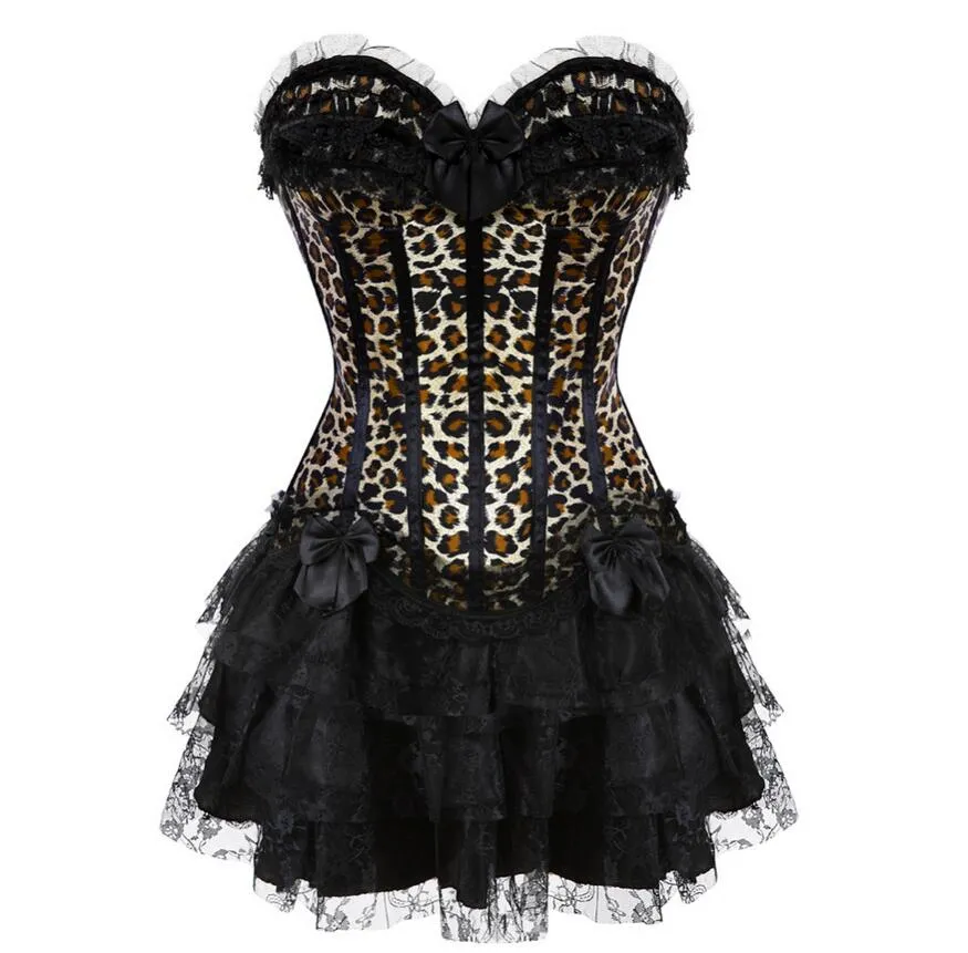 S-XXL Women Burlesque Overbust Corset Bustier Top With Mini TuTu Skirt Fancy Dresses Costume Sexy Leopard Corsets Dress