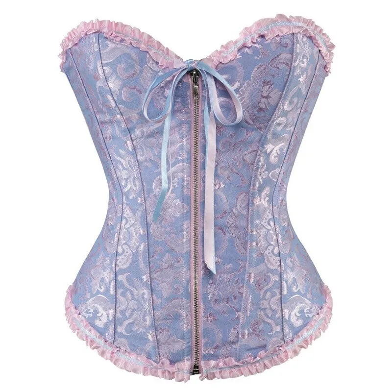 Sexy Front Zipper Floral Corset Satin Overbust Top Sexy Body Shapewear Corselet Jacquard Lace Up Bustier Plus Size S-6XL