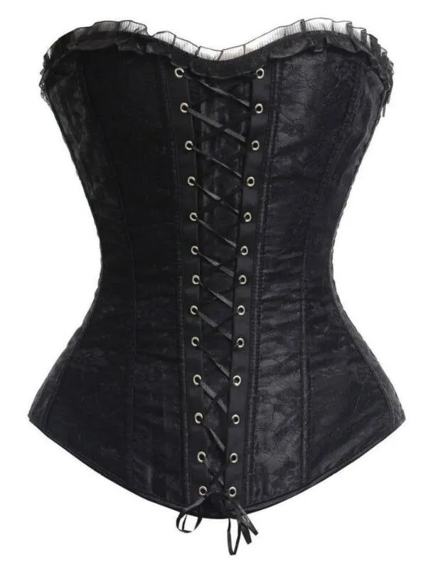 Sexy Gothic Lace Cover Lace up Boned Overbust Corset and Bustier Lingerie Zipper Side Top Body Shaper Plus Size S-2XL