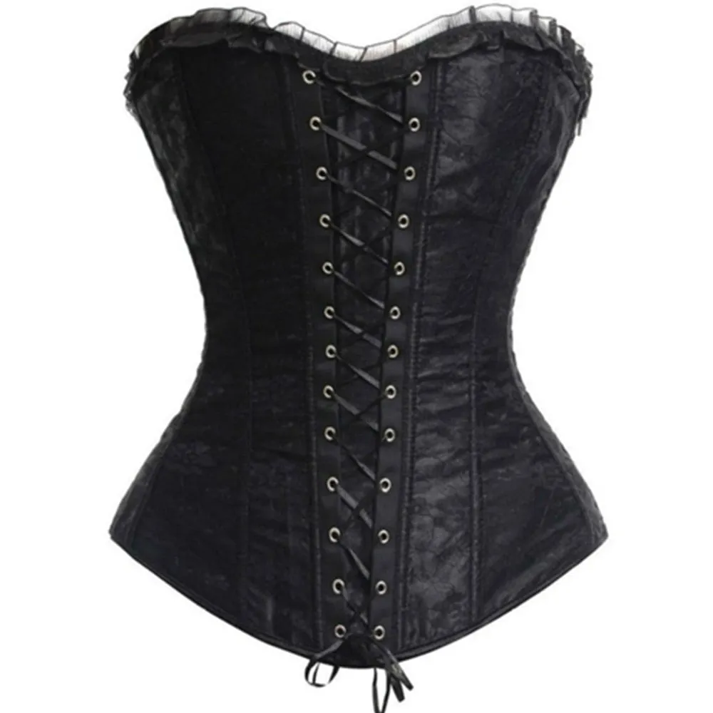 Sexy Gothic Lace Cover Lace up Boned Overbust Corset and Bustier Lingerie Zipper Side Top Body Shaper Plus Size S-2XL