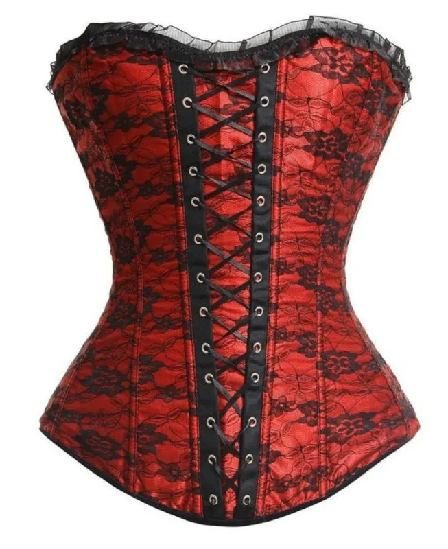 Sexy Gothic Lace Cover Lace up Boned Overbust Corset and Bustier Lingerie Zipper Side Top Body Shaper Plus Size S-2XL