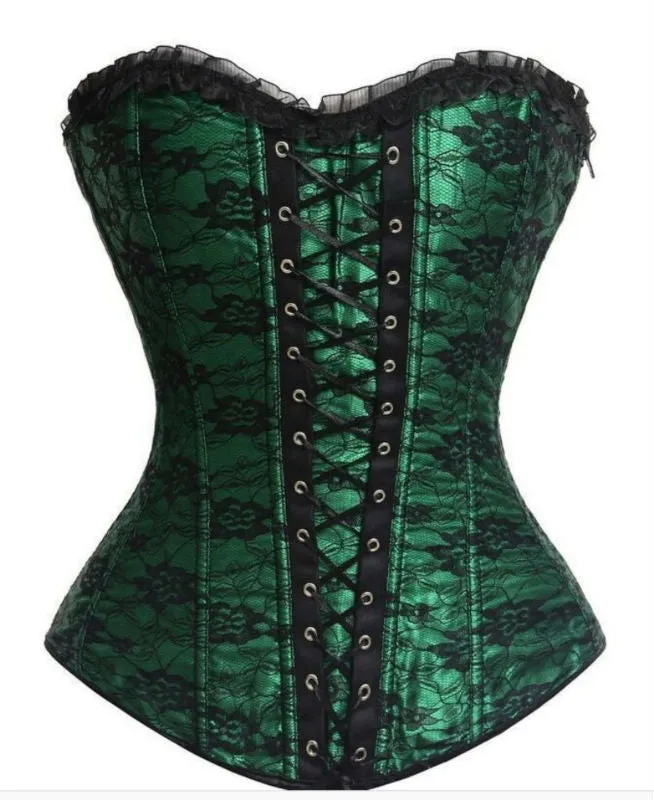 Sexy Gothic Lace Cover Lace up Boned Overbust Corset and Bustier Lingerie Zipper Side Top Body Shaper Plus Size S-2XL