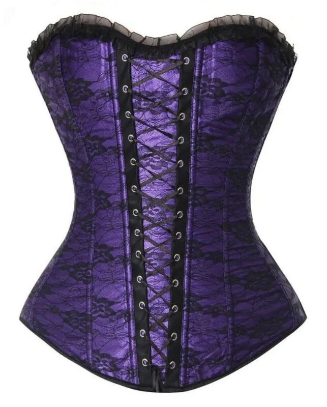 Sexy Gothic Lace Cover Lace up Boned Overbust Corset and Bustier Lingerie Zipper Side Top Body Shaper Plus Size S-2XL