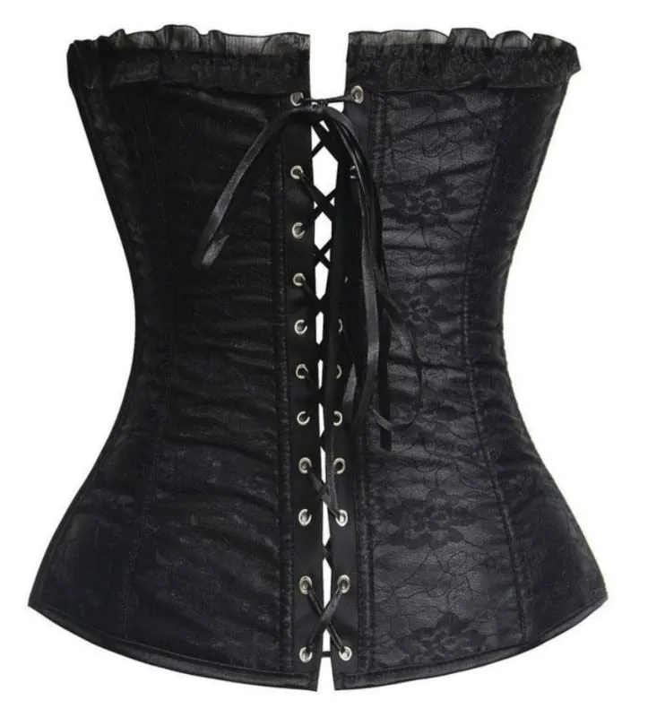 Sexy Gothic Lace Cover Lace up Boned Overbust Corset and Bustier Lingerie Zipper Side Top Body Shaper Plus Size S-2XL