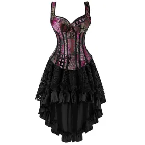 Sexy Zipper Shoulder Straps Overbust Corset Bustier Dress Skirt Set Flower Fancy Costume Gothic Corselet Women Vintage Lingerie