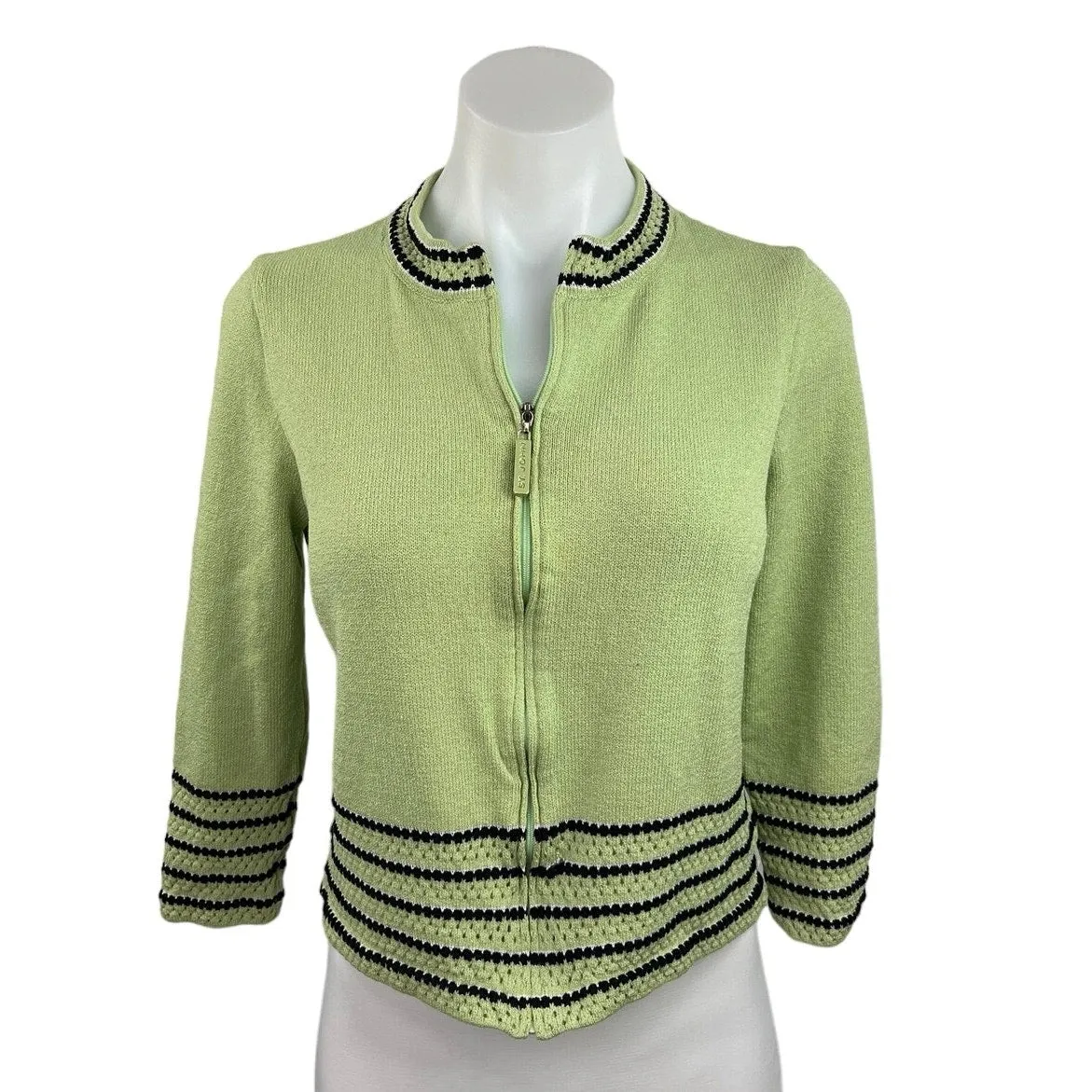 St. John Sport Green Wool Full Zip Mock Neck Striped Cardigan Sweater Top Sz XS