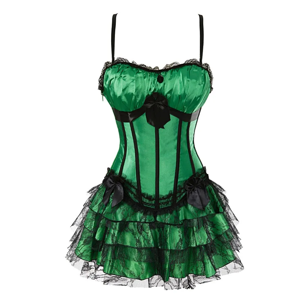 stripe green corset top with cup and mini skirt with shoulder straps bustier sexy lace lingerie Carnival dress body shaper