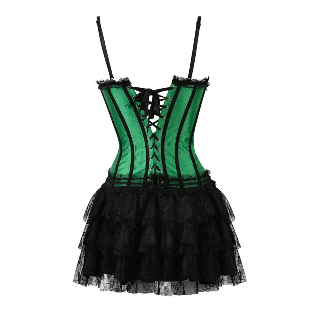 stripe green corset top with cup and mini skirt with shoulder straps bustier sexy lace lingerie Carnival dress body shaper