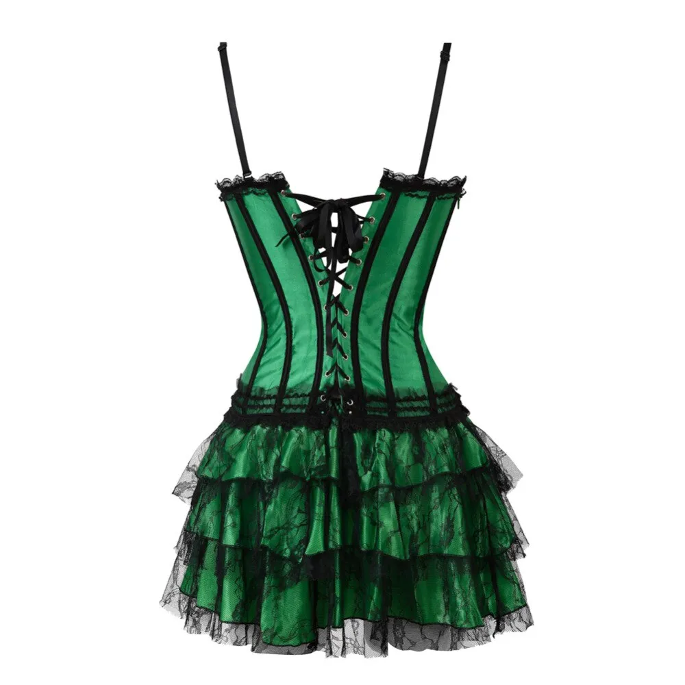 stripe green corset top with cup and mini skirt with shoulder straps bustier sexy lace lingerie Carnival dress body shaper