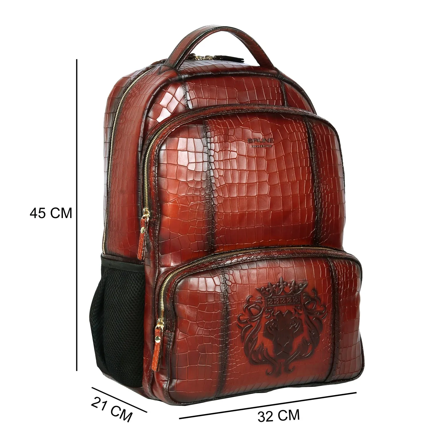 Tan Deep Cut Croco Print Leather Backpack Embossed Lion Multi-Step Pockets By Brune & Bareskin