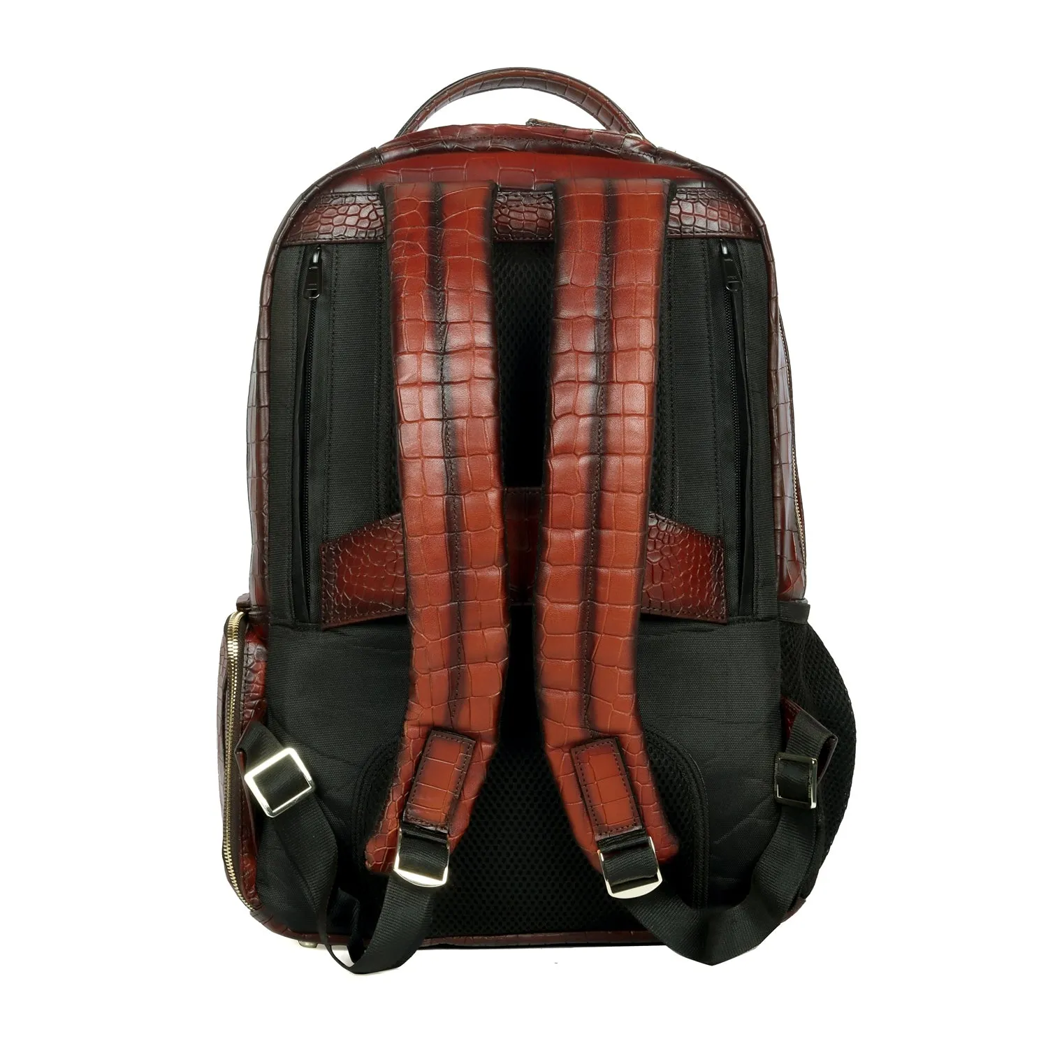 Tan Deep Cut Croco Print Leather Backpack Embossed Lion Multi-Step Pockets By Brune & Bareskin