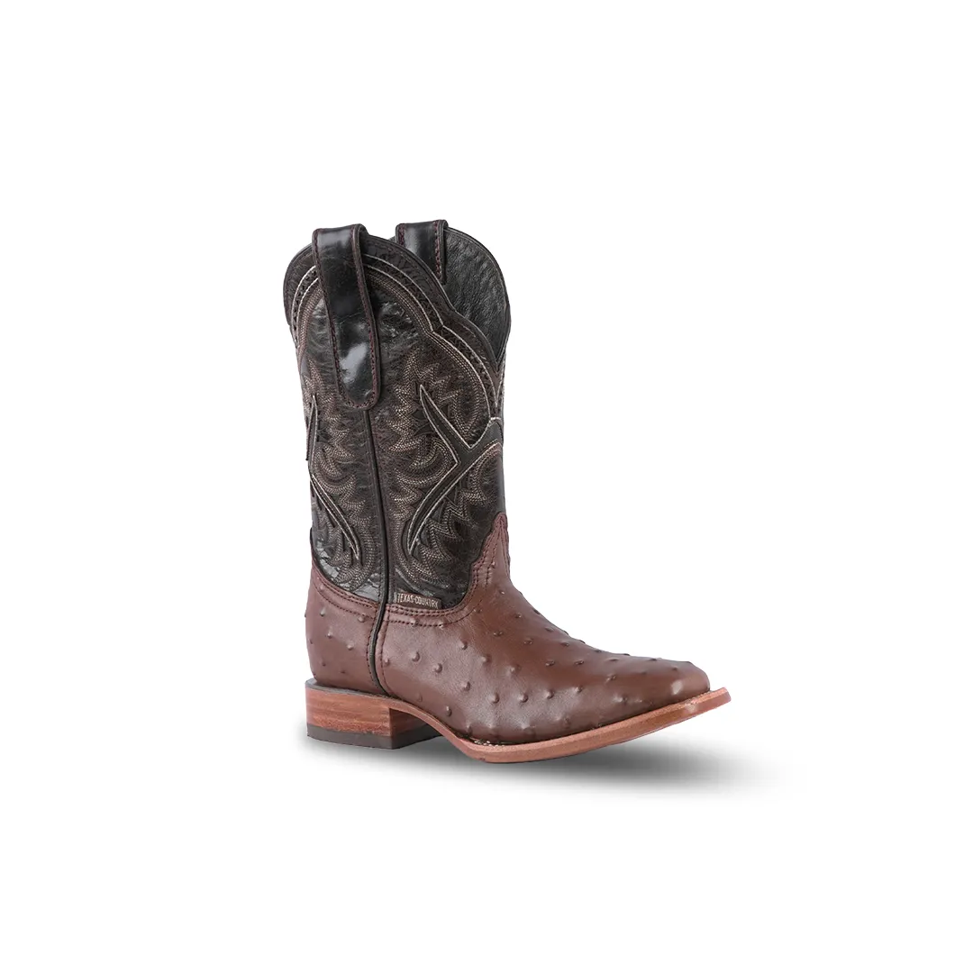 Texas Country Western Boot Ostrich Ranch Choco Square Toe E424