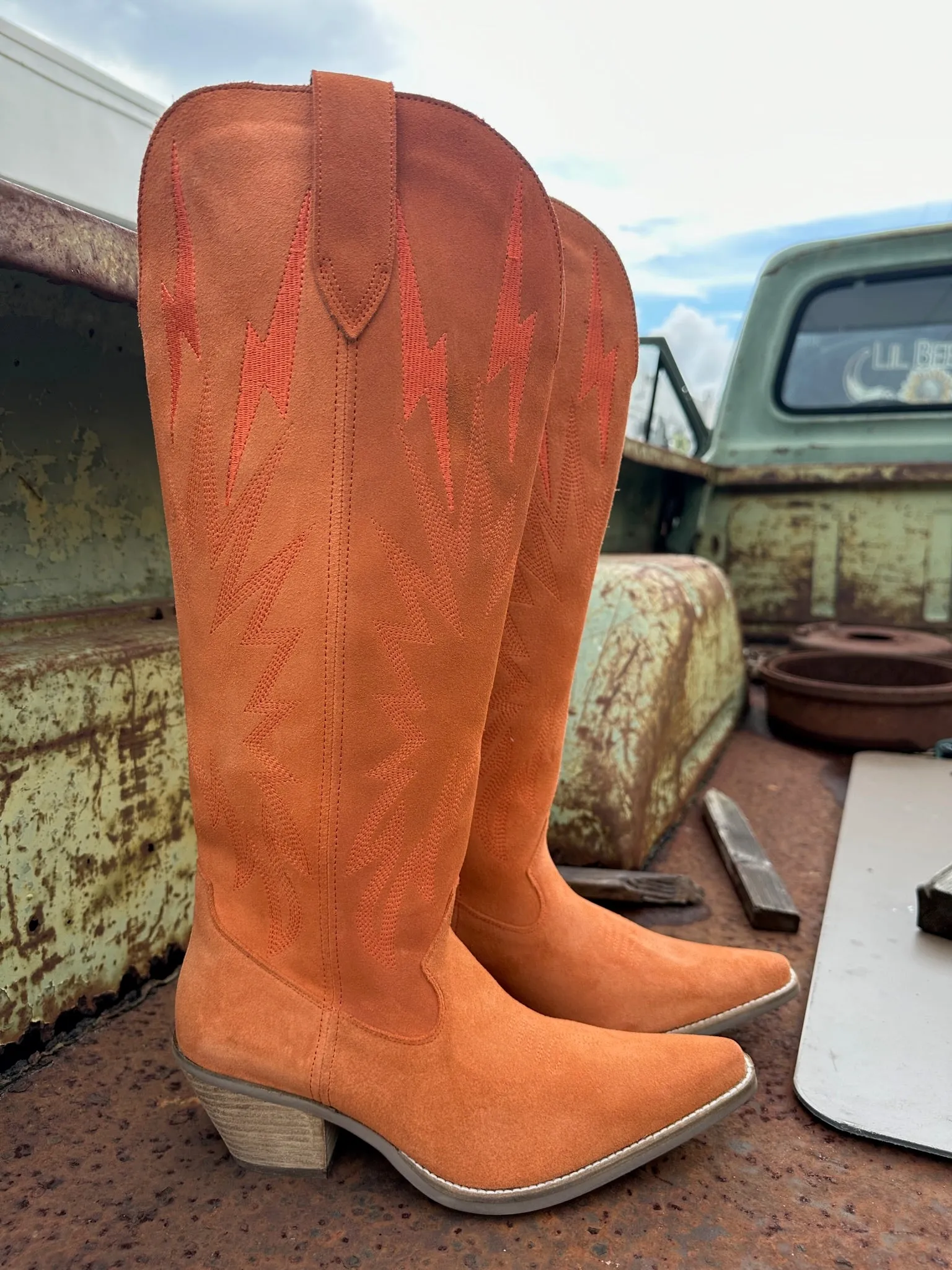 Thunder Road Orange Suede Lightning Bolt Leather Boots (DS)