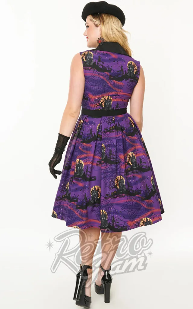 Unique Vintage Edith Dress In Purple Haunted House Print - Pre-Order