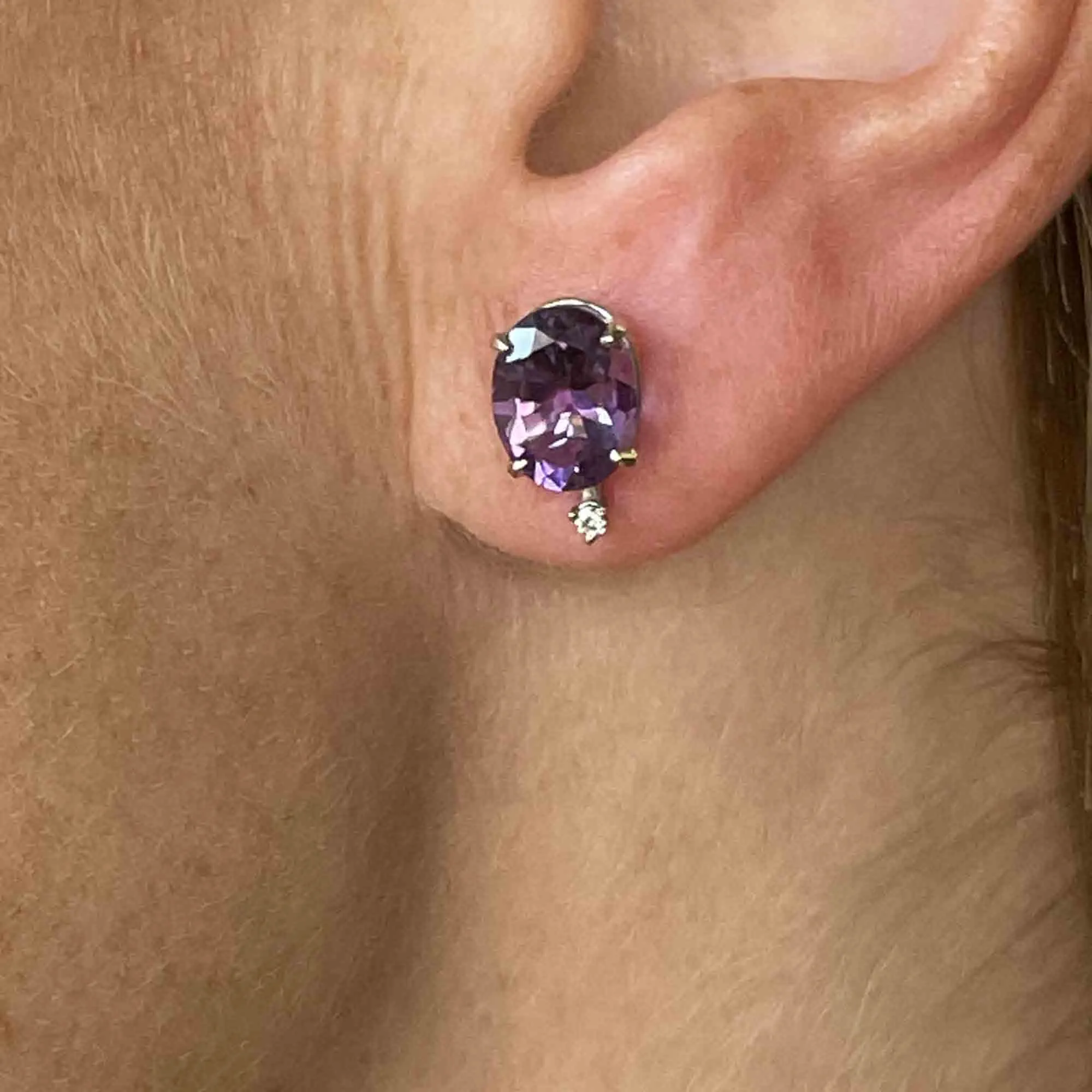 Vintage 14K White Gold Diamond Amethyst Stud Earrings