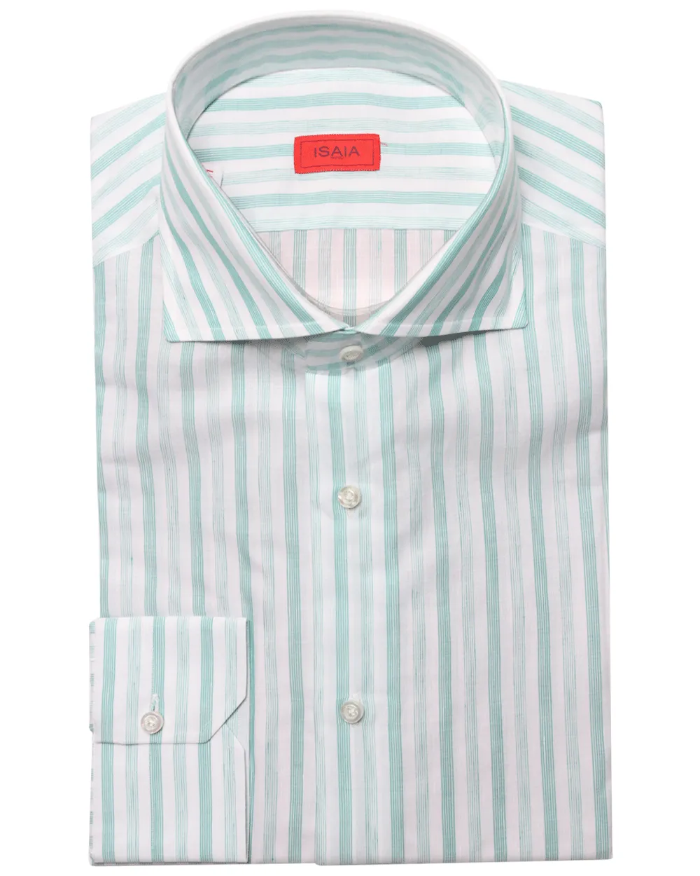 White and Seafoam Green Striped Cotton Blend Dress Shirt