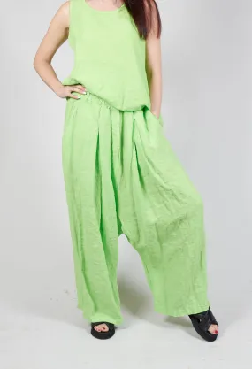 Wide Leg Drop Crotch Linen Trousers in Lime