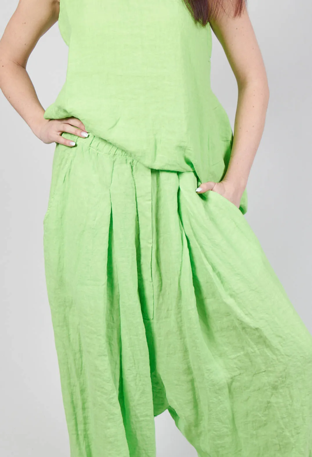 Wide Leg Drop Crotch Linen Trousers in Lime